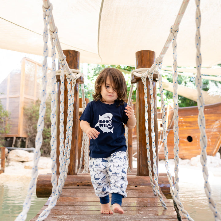 Child standing on a wooden bridge over water with a canopy above