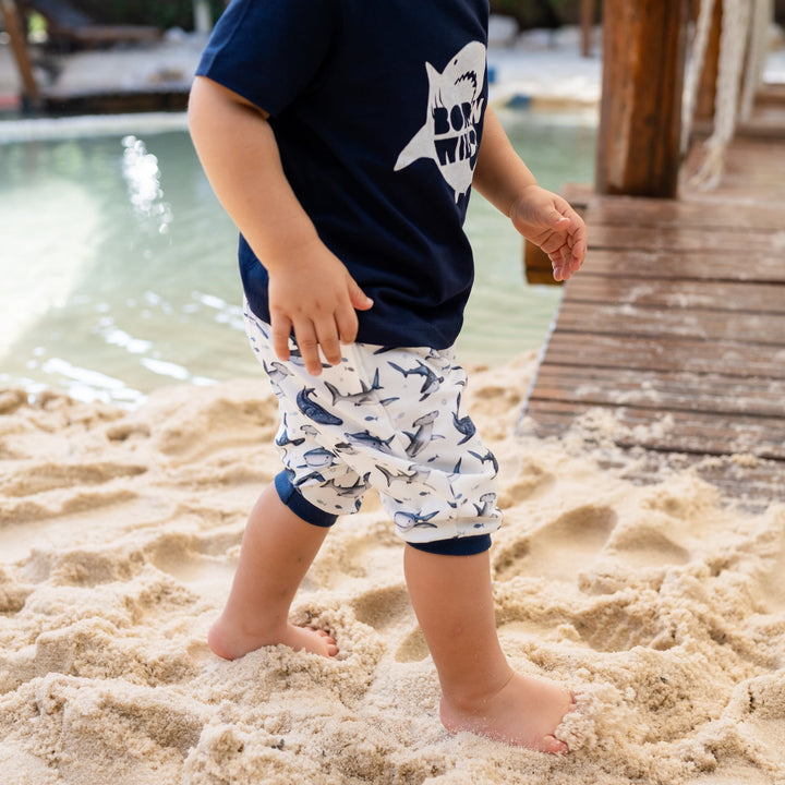 Child standing on a sandy beach wearing navy shorts with shark pattern